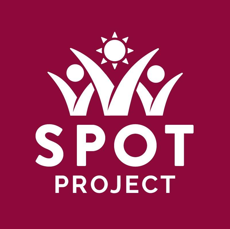 Spot Project logo on a maroon background featuring white figures with a sun icon above white text reading SPOT PROJECT