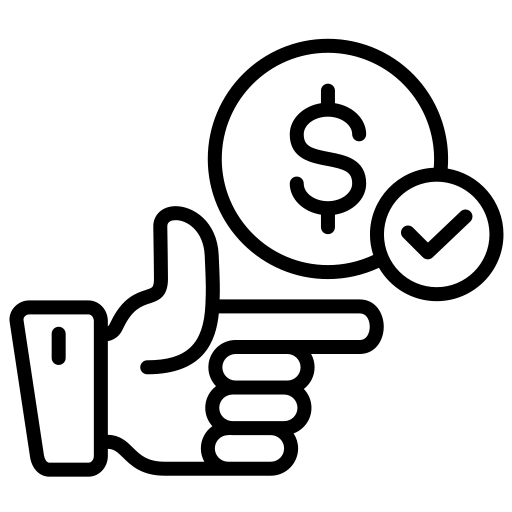 Black and white line icon showing a hand pointing toward a dollar sign inside a circle next to a checkmark badge.