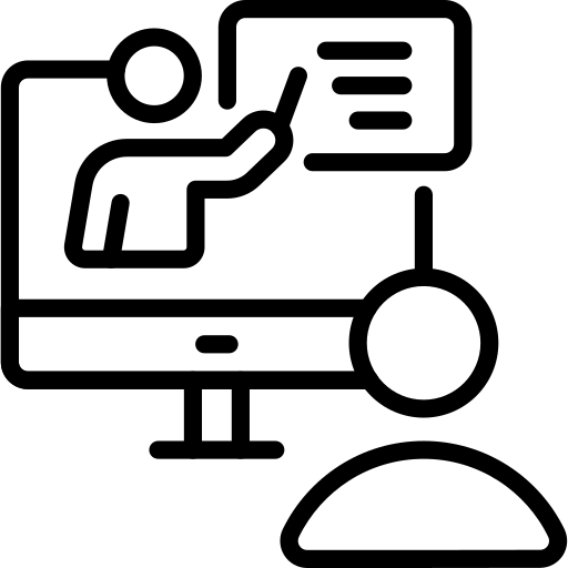 Black line icon displaying a student watching an online instructor present on a computer screen.