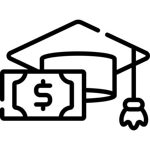 Black line icon showing a graduation cap with a tassel positioned beside a dollar bill.