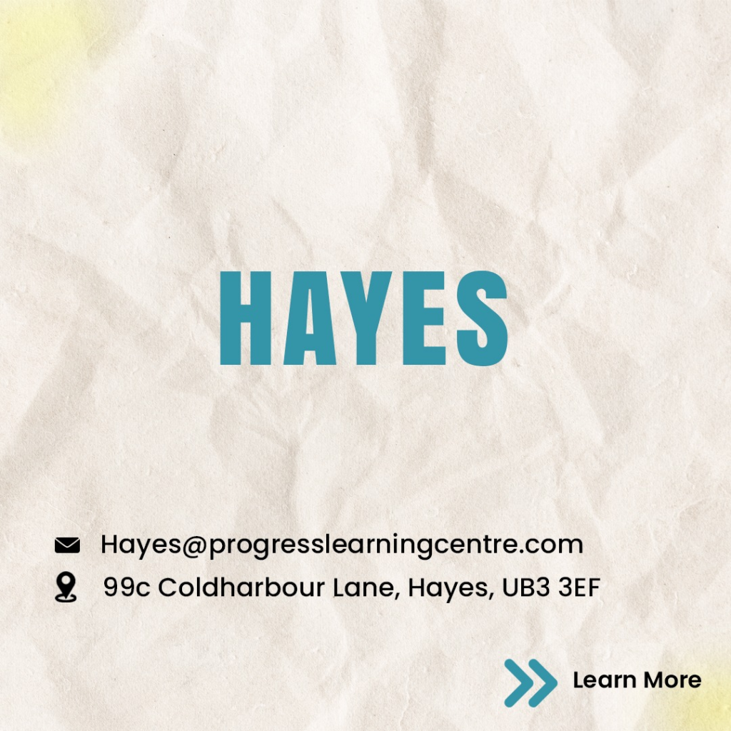 Hayes Progress Learning Centre contact details featuring email Hayes@progresslearningcentre.com and address 99c Coldharbour Lane Hayes UB3 3EF.