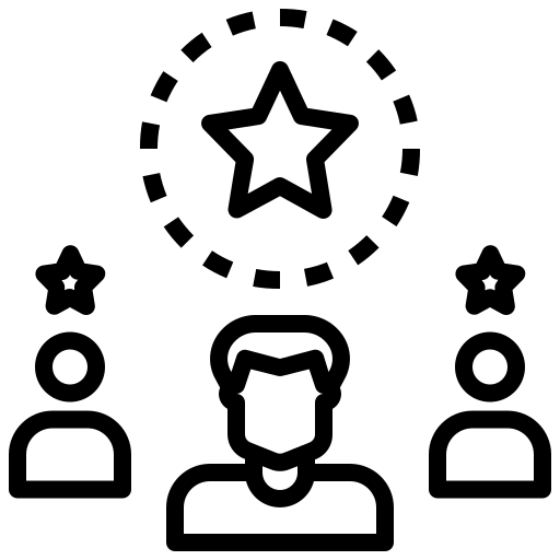 Line art icon of a central user silhouette highlighted by a star within a dashed circle, flanked by two other user profiles.