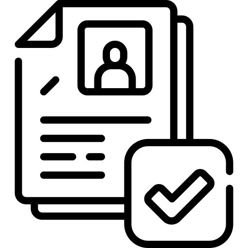 Line art icon of a profile document next to a rounded box with a checkmark.
