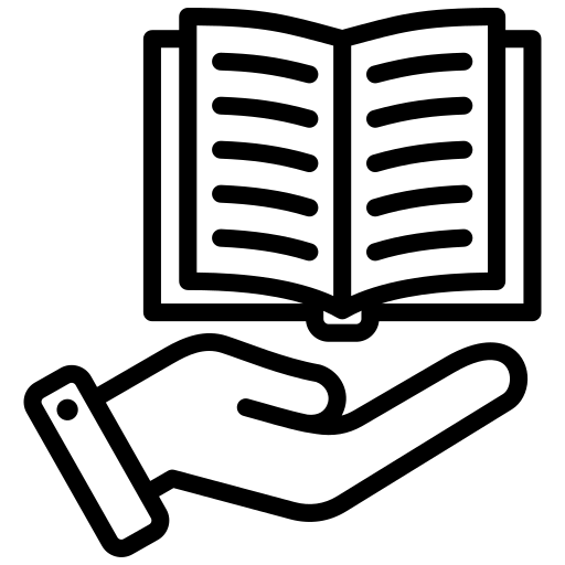Minimalist line icon featuring an open book resting on top of an outstretched hand.