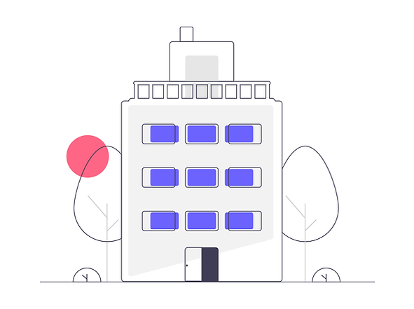 Modern vector line illustration of a multi-story building featuring nine blue windows, surrounded by stylized trees and a pink circular sun.