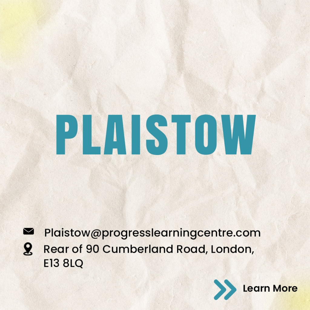 Plaistow Progress Learning Centre contact details featuring email Plaistow@progresslearningcentre.com and address Rear of 90 Cumberland Road London E13 8LQ.