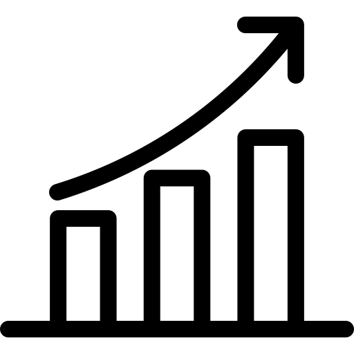 Simple line icon depicting a rising bar chart with an upward trend arrow above it.